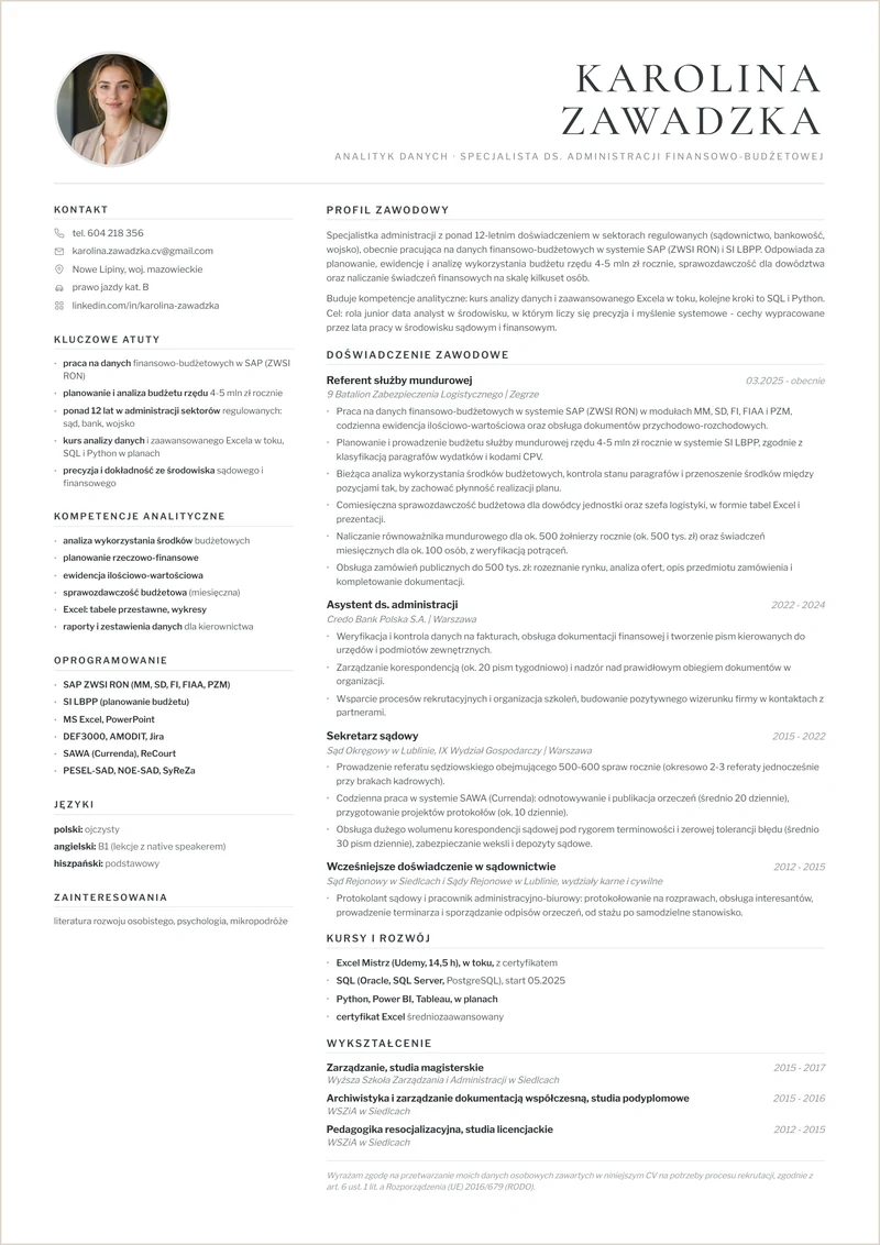 Profesjonalne CV napisane na zamówienie: administracja, przejście do analizy danych